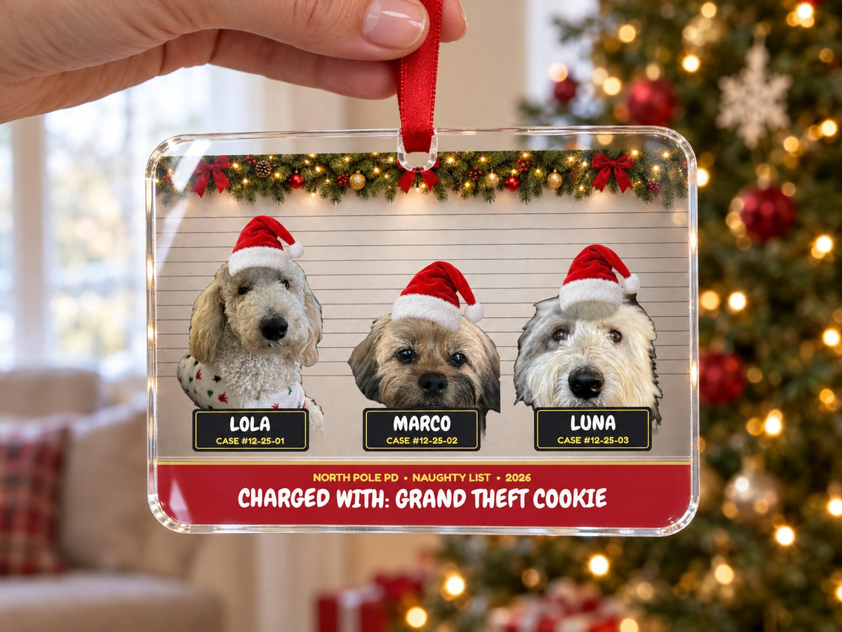 Hand holding a personalized dog mugshot acrylic ornament by its red ribbon