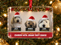Custom pet mugshot Christmas ornament hanging on a lit Christmas tree