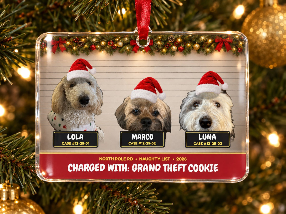 Custom pet mugshot Christmas ornament hanging on a lit Christmas tree